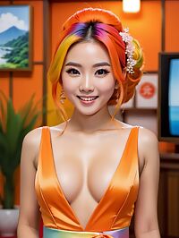 A geisha looking 28 year old Malaysian woman in an orange wedding dress on a TV news set