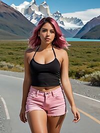 A petite Cuban girl with a seductive appearance stands in Patagonia