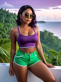 A dark skinned woman poses seductively in purple lingerie under pre dawn Panamanian skies