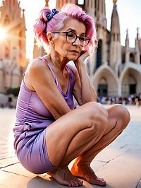 Elderly model poses seductively in pink bodypaint Basilica de la Sagrada Familia