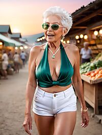 Elderly woman with ginger hair poses in twilight market amidst vibrant stalls