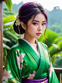 Petite Vietnamese girl in Kimono wears purple pants around her waist in Ubud