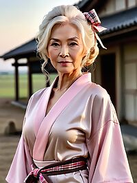 An old woman in a pink kimono stands on a military base at sunrise