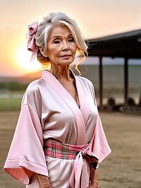 An old woman in a pink kimono stands on a military base at sunrise