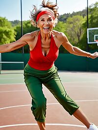 A 70 year old grandmother tanned and wrinkled stands on the basketball court