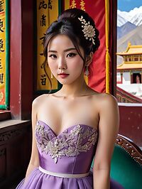 Japanese girl runs through the streets of Lhasa Tibet's misty hills