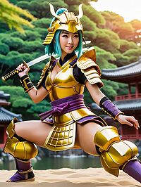A tanned Asian woman 29 in yellow armor sword in hand poses sensually under sunset in park