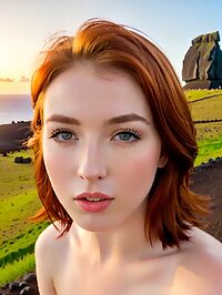 A 21 year old with auburn hair and green eyes poses seductively on Easter Island at nightfall