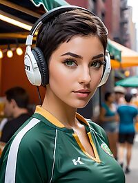 A petite latina woman with a pixie cut flashes her toned body at the NYC taco cart
