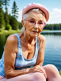 Elderly woman with mohawk dons pink pantyhose at serene lake dawn scene