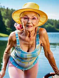 Elderly woman with mohawk dons pink pantyhose at serene lake dawn scene
