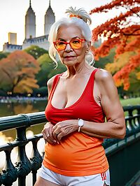 An elderly model poses in Central Park at 4am pale and wrinkled skin on full display