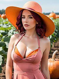 A 41 year old woman with burgundy hair and brown eyes in a pink halter dress