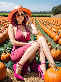 A 41 year old woman with burgundy hair and brown eyes in a pink halter dress