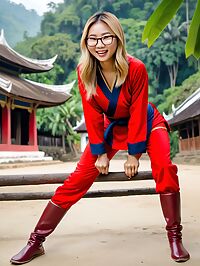 A 18 year old Mongolian girl in a red ninja costume in Luang Prabang Laos