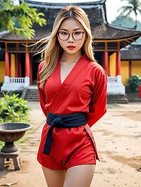 A 18 year old Mongolian girl in a red ninja costume in Luang Prabang Laos