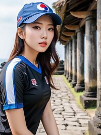 The brunette volleyball player stands out in her black uniform near the ocean at Tanah Lot