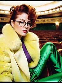 Athletic woman with ginger hair poses elegantly in Art Deco theater