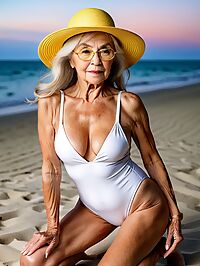 A toned elderly grandmother lounges in her beachwear at twilight