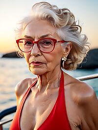 Elderly woman poses seductively on yacht at dusk sunset