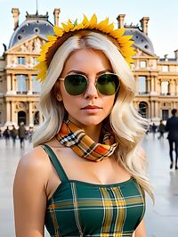 A petite platinum blonde in a green sundress strolls through the Louvre at dusk