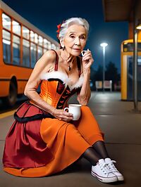 Aged grandmother stands tall in the dimly lit bus station
