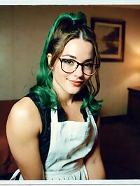 A woman wearing a white apron over a 1970s inspired outfit in a retro hotel room
