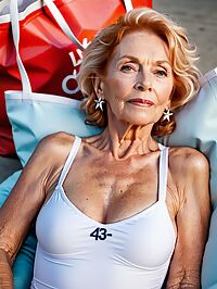 The elderly model stands out in a dimly lit warehouse