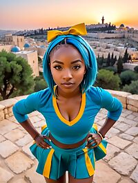 The dark skinned Kenyan woman seductively poses in a blue cheerleader uniform