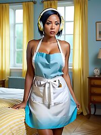 A 44 year old woman in a white apron lies on her bed wearing yellow headphones