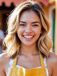 A 20 year old latina girl with dirty blonde hair in Cabo San Lucas wearing a yellow apron