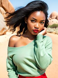 A 24 year old Nigerian woman stands in a sunlit outdoor scene at Spitzkoppe Namibia