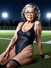 Elderly woman poses seductively in aviator shades on a darkened football field