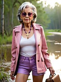 Grandmother stands in the swamp at dawn her wrinkled body clothed in a pink coat