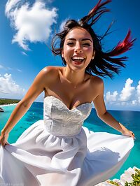 In Isla Mujeres a stunning 20 year old Chilean girl stands in her lacy white wedding dress