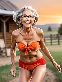 An athletic grandmother poses in a bikini on a rustic cowboy ranch at dusk