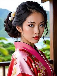 A Nepalese woman stands out in Palawan's pristine landscape wearing red kimono