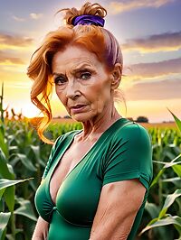 An elderly woman with ginger blonde hair stands in a sunset lit cornfield