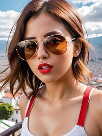The Argentinian girl in red tank top poses innocently at sunset in Quito's streets
