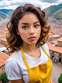 A 26 year old brunette Mexican woman with curly hair and green eyes poses in Cusco